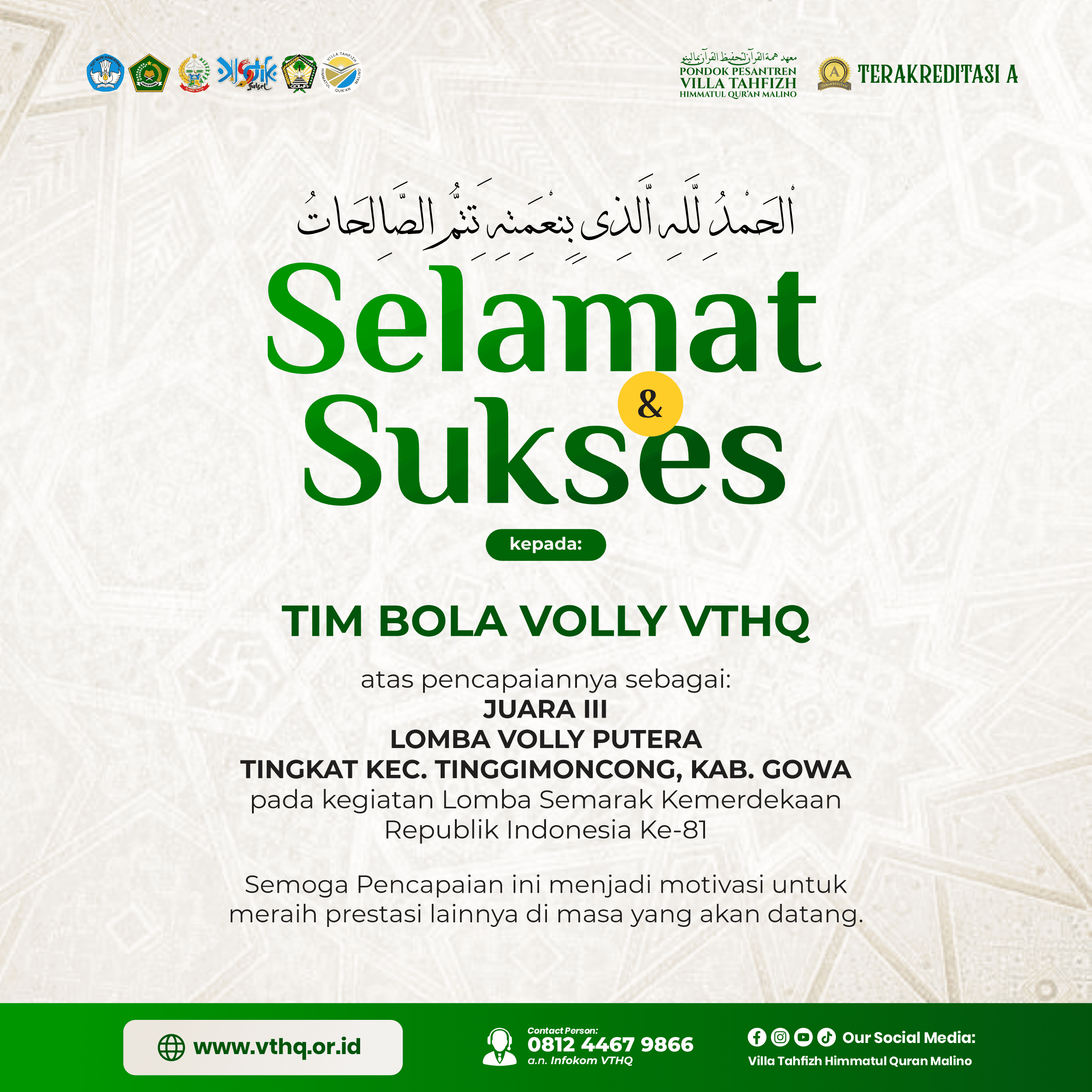 Tim Bola Voli VTHQ Malino Raih Juara III pada Ajang Semarak Kemerdekaan RI Tingkat Kecamatan Tinggimoncong
