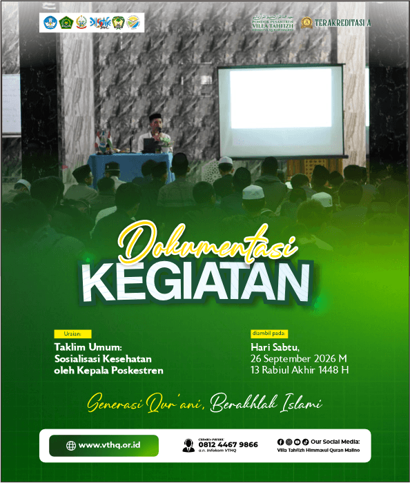Contoh pengisian menggunakan poster dokumentasi kegiatan Taklim Umum VTHQ. Saat menduplikasi, ganti dengan gambar flyer dakwah asli dan deskripsi yang sesuai.